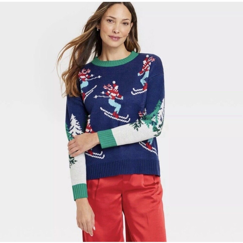 Women's Alpine Skier Blue Holiday Ugly Snow Winter Sweater Size L 33 Degrees